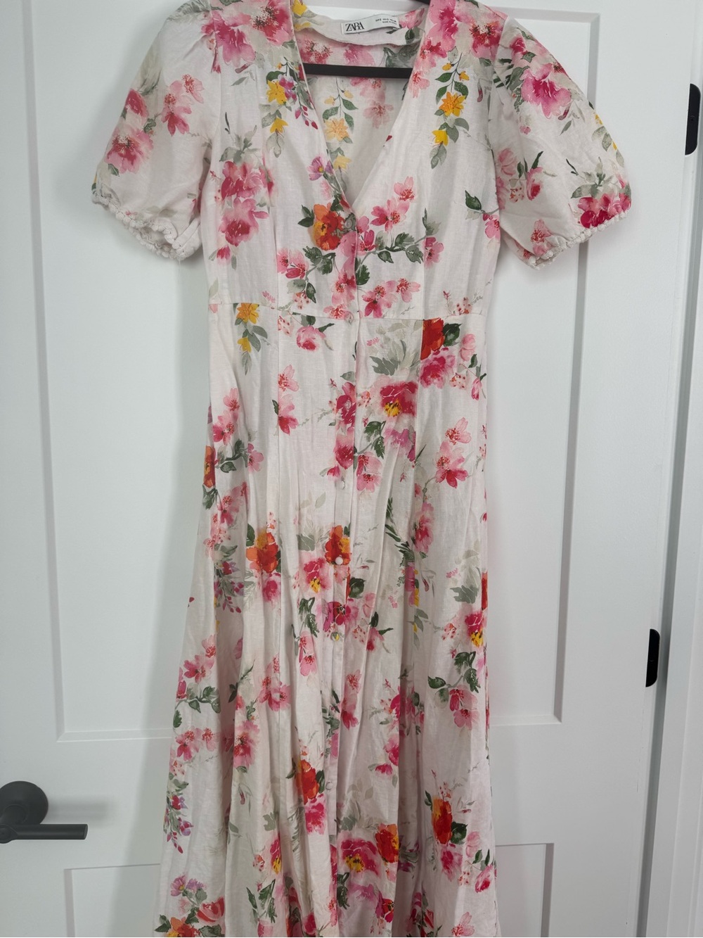 Zara Floral V-Neck Maxi Dress with Pink and Yellow Blooms